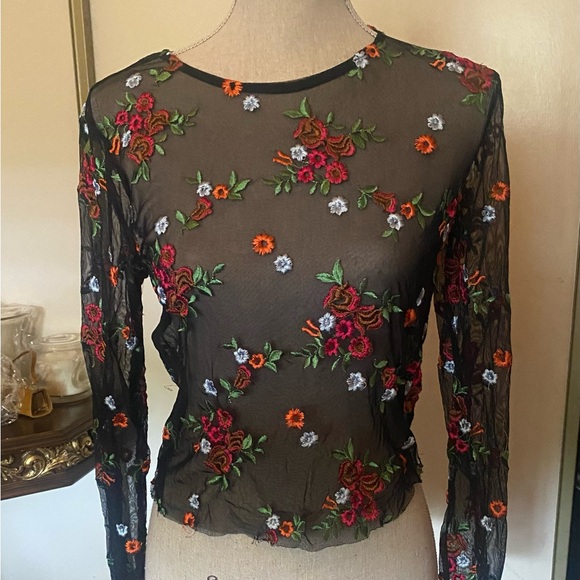 Urban Outfitters Tops - Urban Outfitters (UO) Red Floral Embroidered Sheer Long Sleeve Tee Size S - M